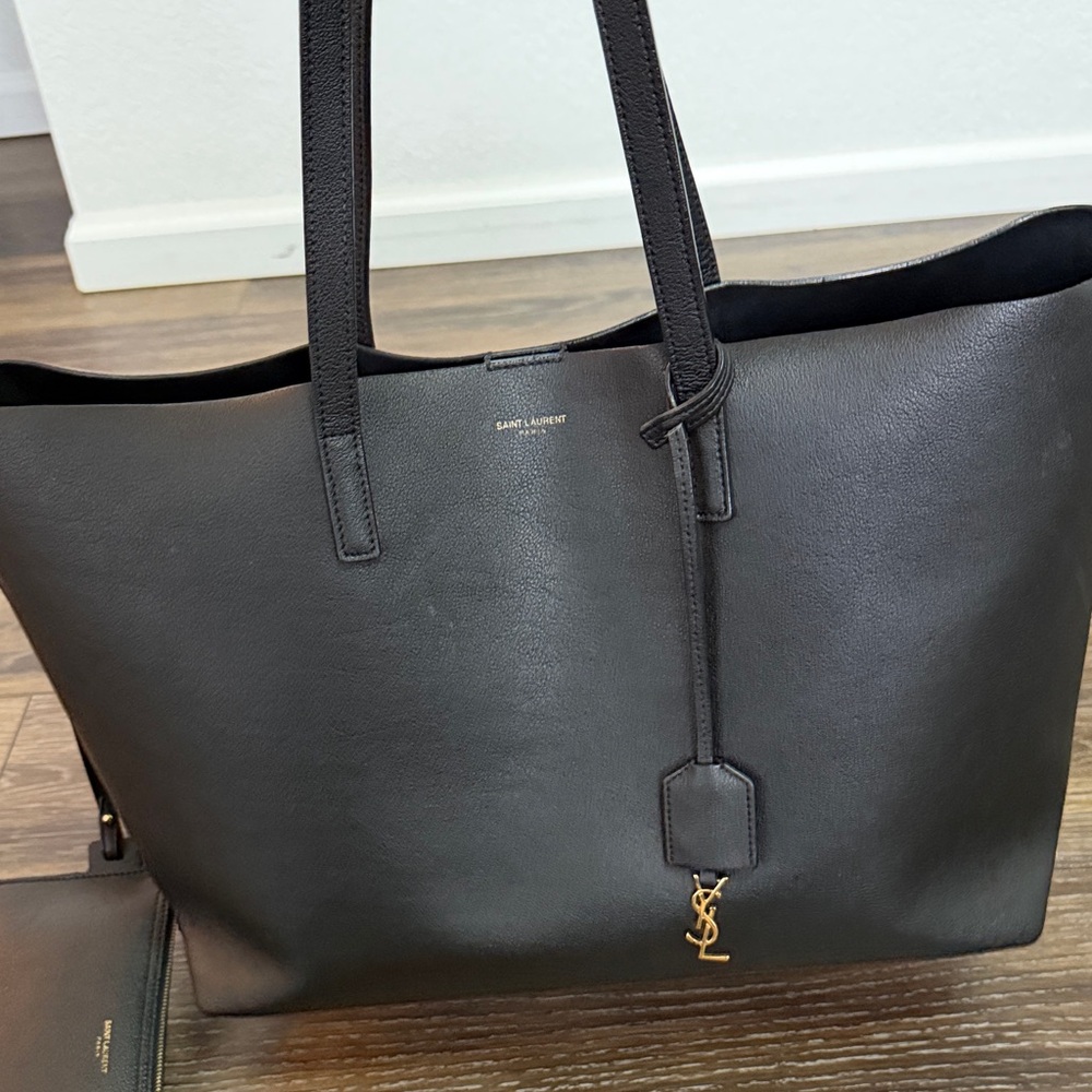 Saint Laurent Black Leather Tote with Gold YSL Charm and Pouch - Picture 3 of 16
